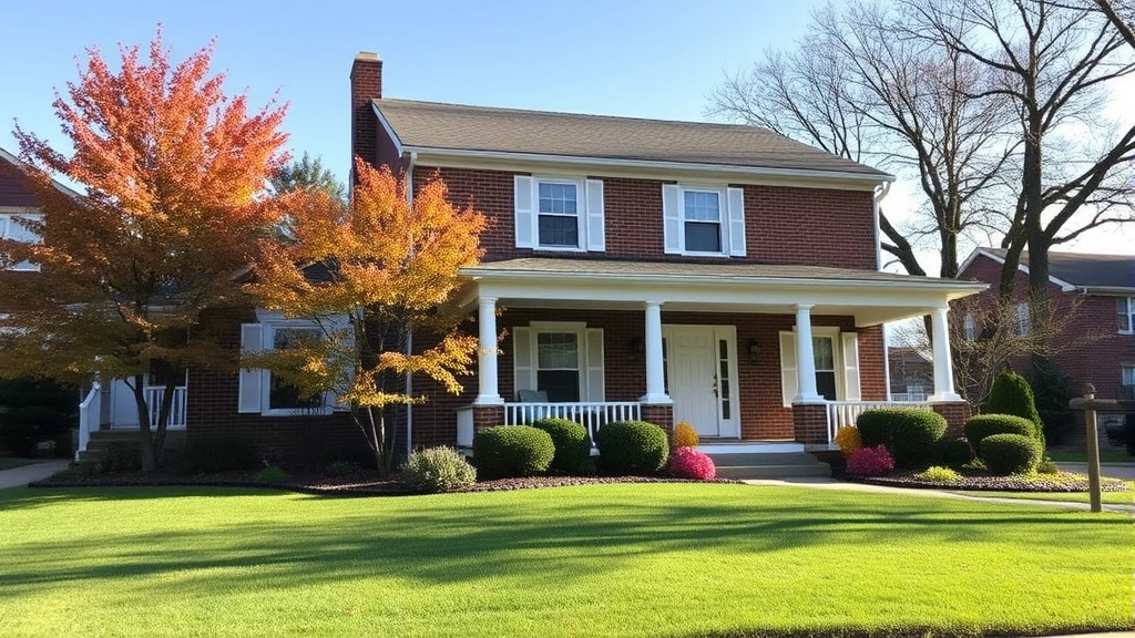 Charming two-story brick home with white shutters and manicured front lawn in Janesville Wisconsin neighborhood, autumn trees, welcoming porch with columns