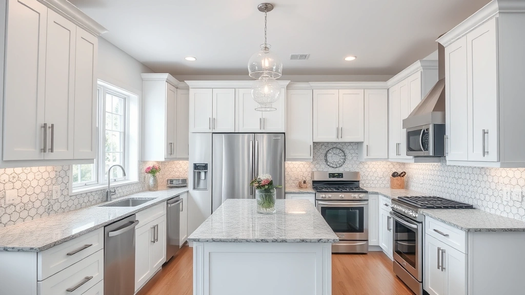 Modern kitchen interior with white cabinetry, granite countertops, stainless steel appliances, and pendant lighting over island, bright natural light from windows