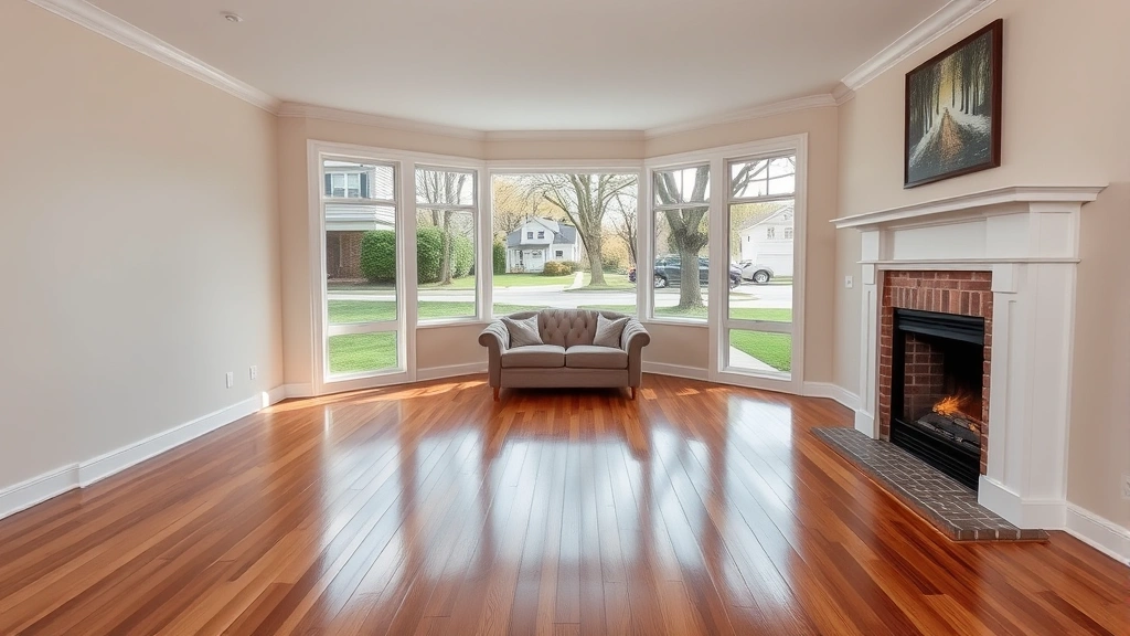 Spacious living room with hardwood floors, fireplace with white mantel, comfortable seating area, large bay window overlooking tree-lined street in residential neighborhood