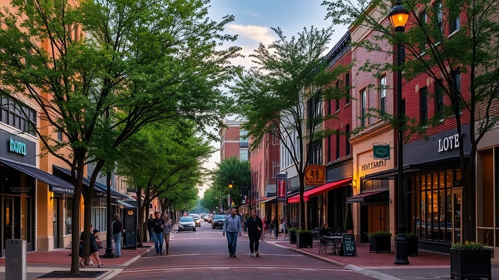 Jonesboro downtown revitalized district with mixed-use buildings, tree-lined streets, sidewalk cafes, modern storefronts, pedestrians walking, vibrant community atmosphere, afternoon lighting