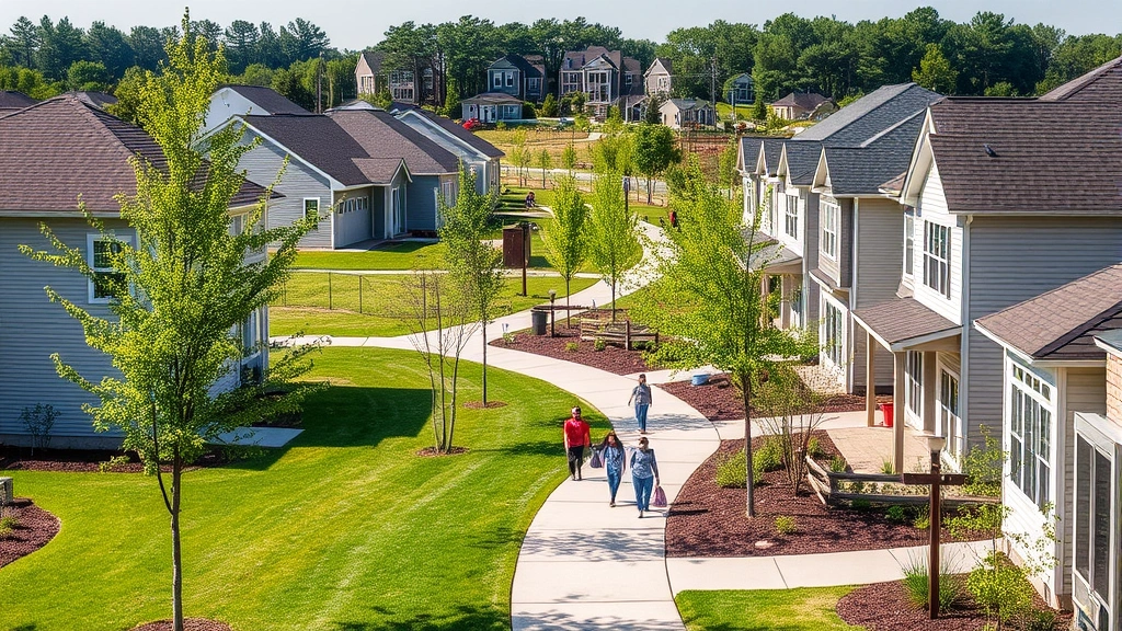 Suburban Jonesboro neighborhood with newer construction homes, planned community amenities including park pathway, young trees, families enjoying outdoor spaces, modern residential architecture, peaceful setting