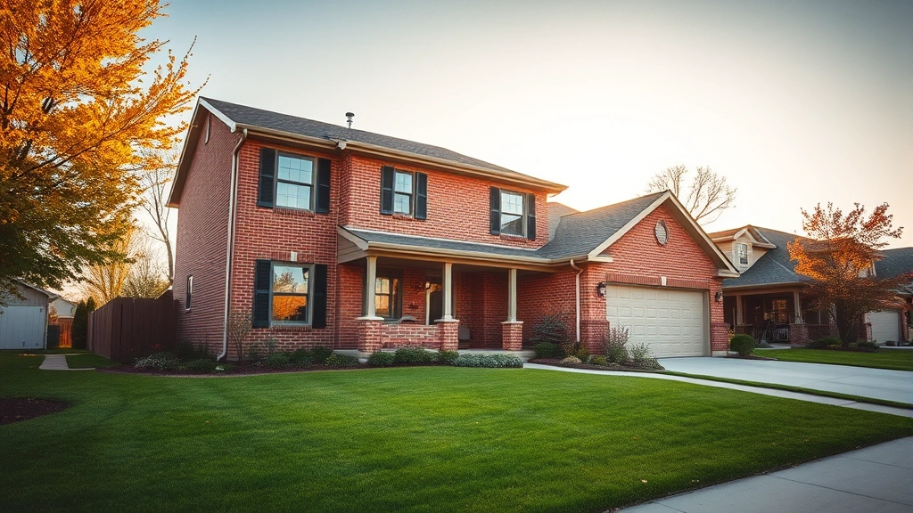 Modern two-story home with brick exterior and manicured lawn in Lawrence Kansas residential neighborhood during golden hour sunlight