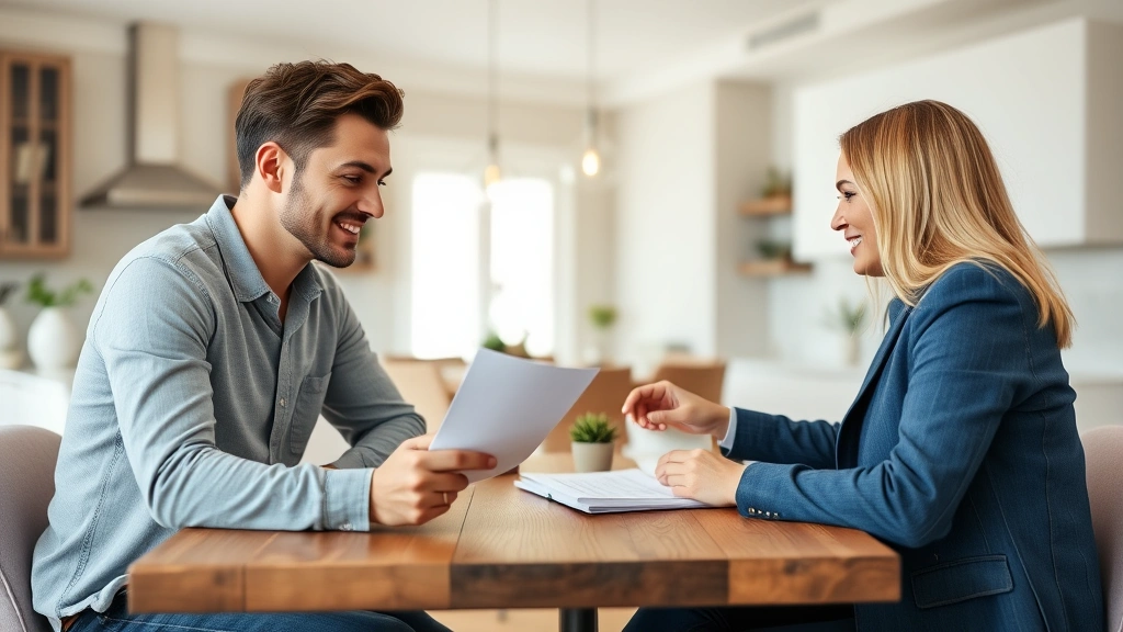 Young couple reviewing documents with real estate agent at kitchen table in contemporary home, smiling and discussing purchase terms