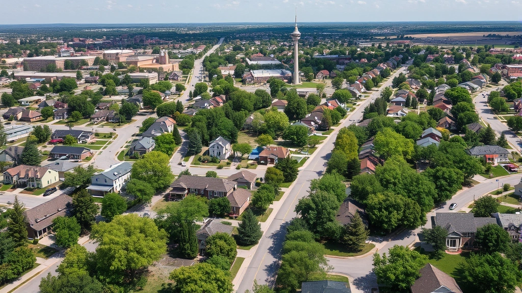 Aerial view of diverse Lawrence Kansas neighborhoods showing tree-lined streets, varied home styles, and community amenities on sunny day