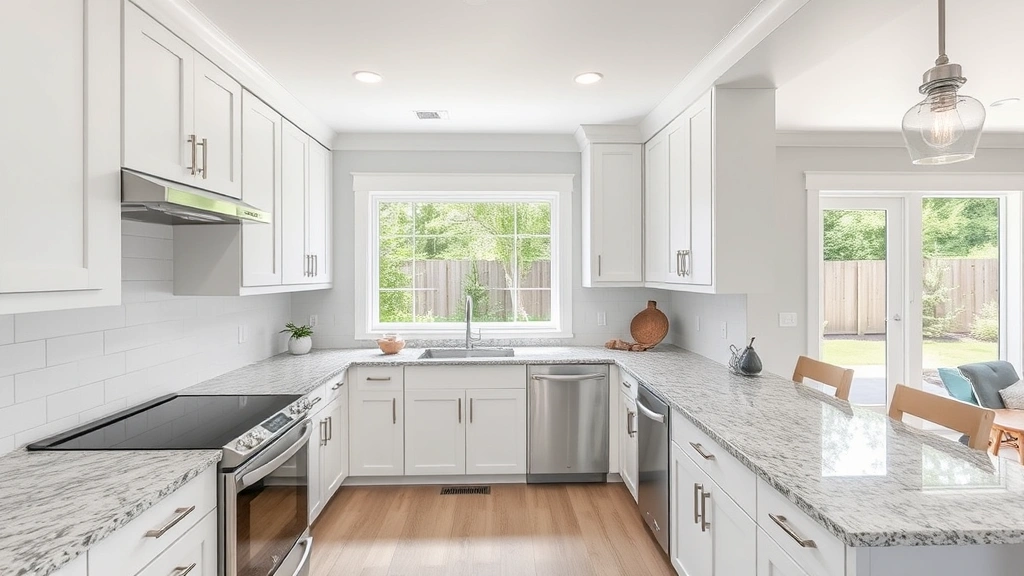 Modern kitchen interior with white cabinetry, granite countertops, stainless steel appliances, and natural light from windows overlooking backyard
