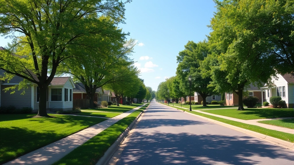 Peaceful residential street lined with established trees, single-family homes, sidewalks, and green lawns on a sunny day in Midland Michigan