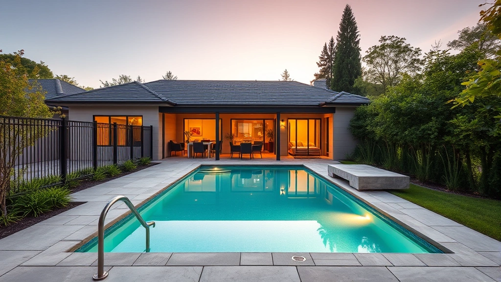 Modern family home exterior with well-maintained saltwater pool, stone patio, contemporary fencing, lush green landscaping, afternoon lighting