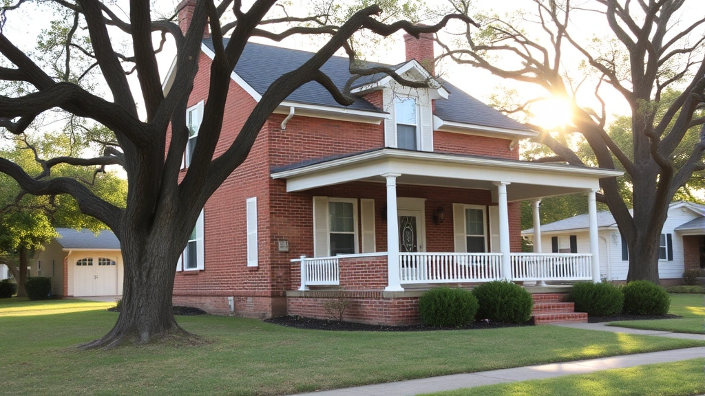 Charming brick two-story home with white shutters and wraparound porch in established Owensboro neighborhood, mature oak trees, manicured lawn, early morning light