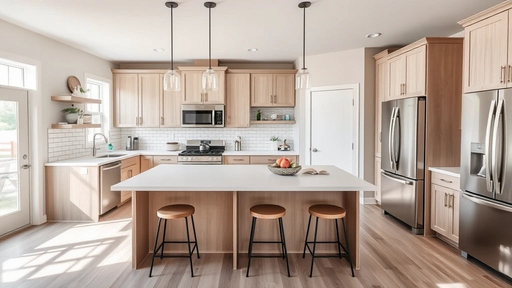 Modern open-concept kitchen with stainless steel appliances, white subway tile backsplash, light wood cabinets, island seating, natural window light in contemporary Owensboro home