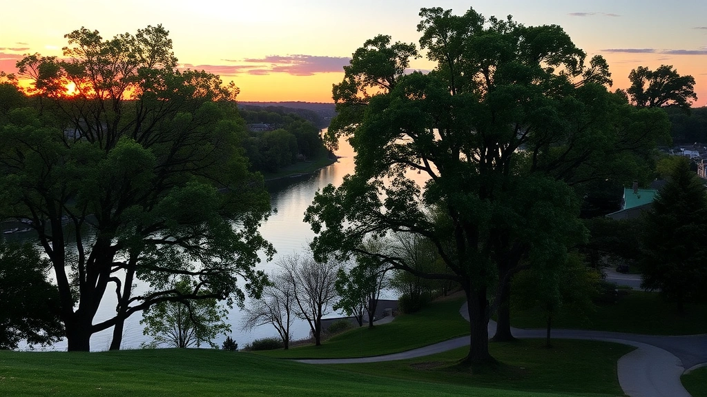 Beautiful Ohio River waterfront view at sunset, peaceful residential setting with mature trees, scenic landscape, golden hour lighting, no people or text visible