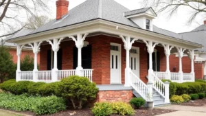 Charming Victorian-era brick house with wraparound porch, white trim, mature landscaping, classic Paducah historic district architecture