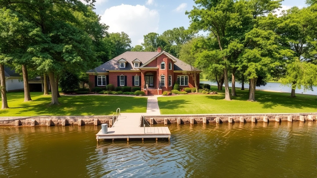 Waterfront riverside home with brick exterior, dock access, scenic Ohio River views, mature trees, peaceful Kentucky landscape