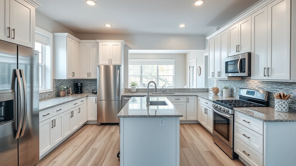 Spacious open-concept kitchen with stainless steel appliances, granite countertops, white cabinetry, and natural lighting in contemporary home interior
