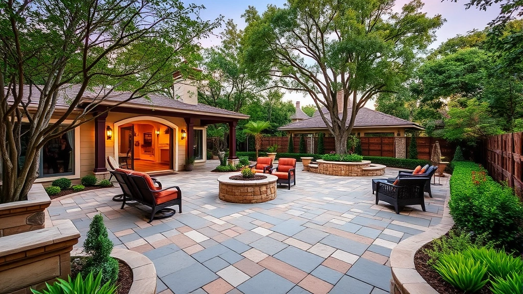 Luxury outdoor living space featuring stone patio, professional landscaping, mature trees, and resort-style backyard perfect for entertaining
