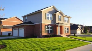Modern two-story suburban home with brick and siding exterior, manicured lawn, attached garage, blue sky, daytime lighting, residential street setting
