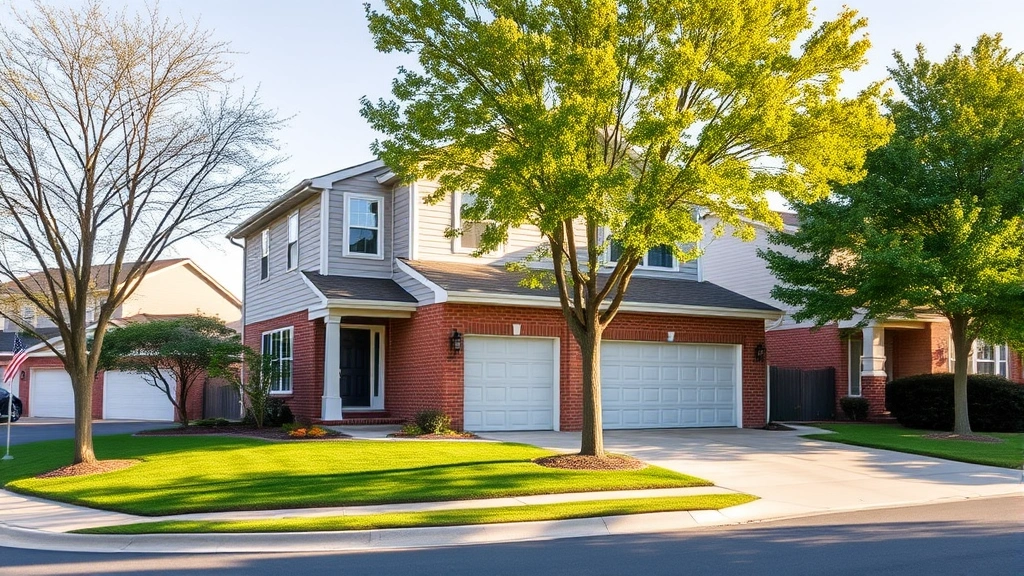 Modern suburban two-story home with brick and siding exterior, manicured lawn, two-car garage, mature trees, sunny afternoon lighting, residential street setting