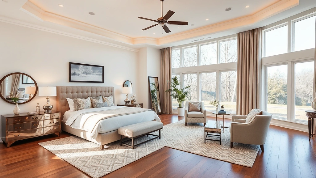 Spacious master bedroom with neutral tones, large windows with natural light, contemporary furnishings, hardwood flooring, elegant bedroom design