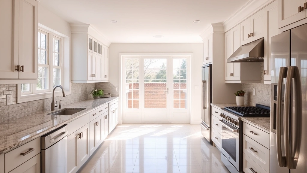 Bright kitchen interior with white cabinetry, granite countertops, stainless steel appliances, and natural light from large windows