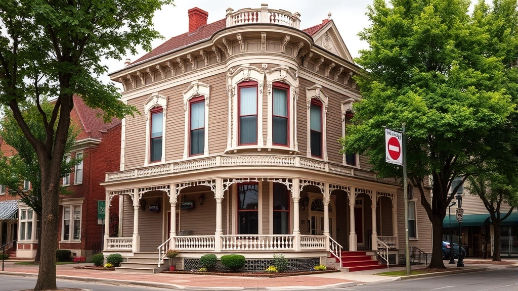 Historic downtown Victorian mansion with detailed architecture, restored exterior, wraparound porch, large windows, tree-lined street, charming small-town character