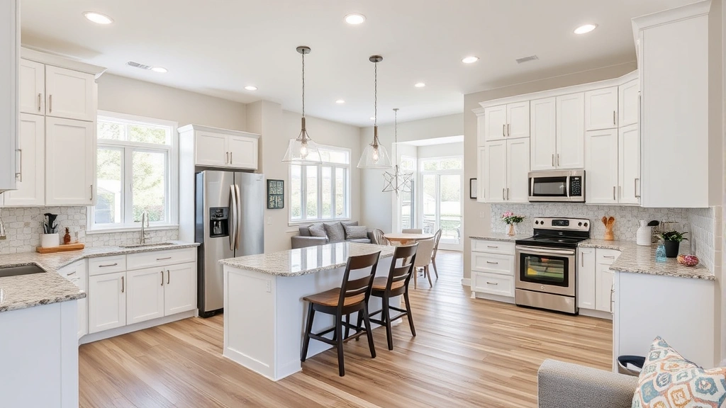 Open concept kitchen and living room with white cabinetry, granite countertops, stainless steel appliances, dining area, bright natural lighting