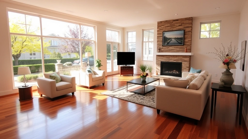 Spacious living room with hardwood floors, fireplace, large windows showing tree-lined street, and neutral furniture arrangement