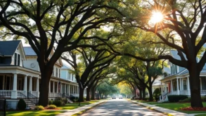 Historic Victorian homes with wraparound porches lining tree-canopied street in established residential neighborhood, afternoon sunlight filtering through mature oak trees, well-maintained lawns and gardens, peaceful suburban setting