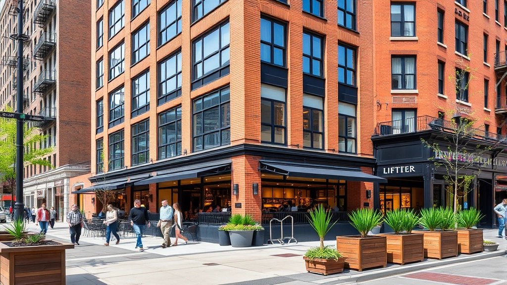 Modern downtown loft building with brick facade and large windows, street-level restaurants and shops, pedestrians walking on sidewalk, vibrant urban neighborhood with planters and outdoor seating areas