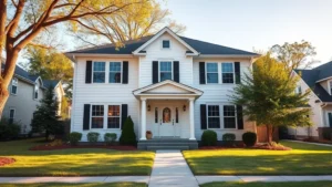 Modern family home with white siding and black shutters in suburban Rockford neighborhood, manicured lawn with mature trees, welcoming front entrance with porch columns, afternoon sunlight