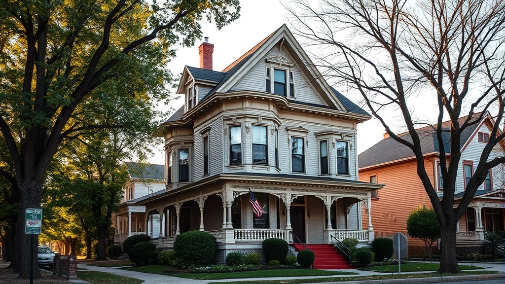 Historic Victorian home with architectural details in Rockford Midtown district, restored exterior with original features, tree-lined street, charming neighborhood setting, warm natural lighting