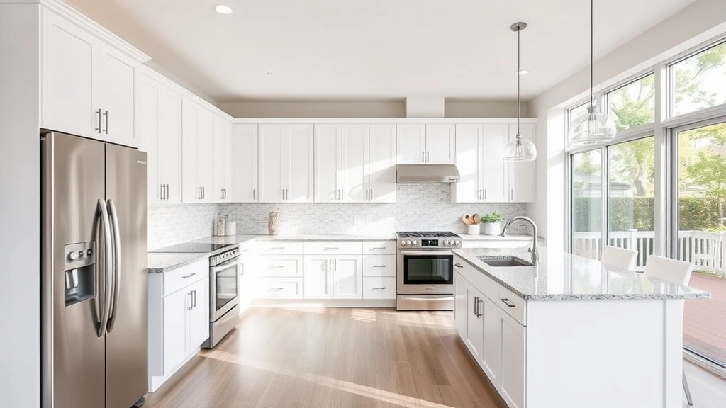 Contemporary kitchen with white cabinetry, stainless steel appliances, granite countertops, and natural light from large windows, featuring open floor plan