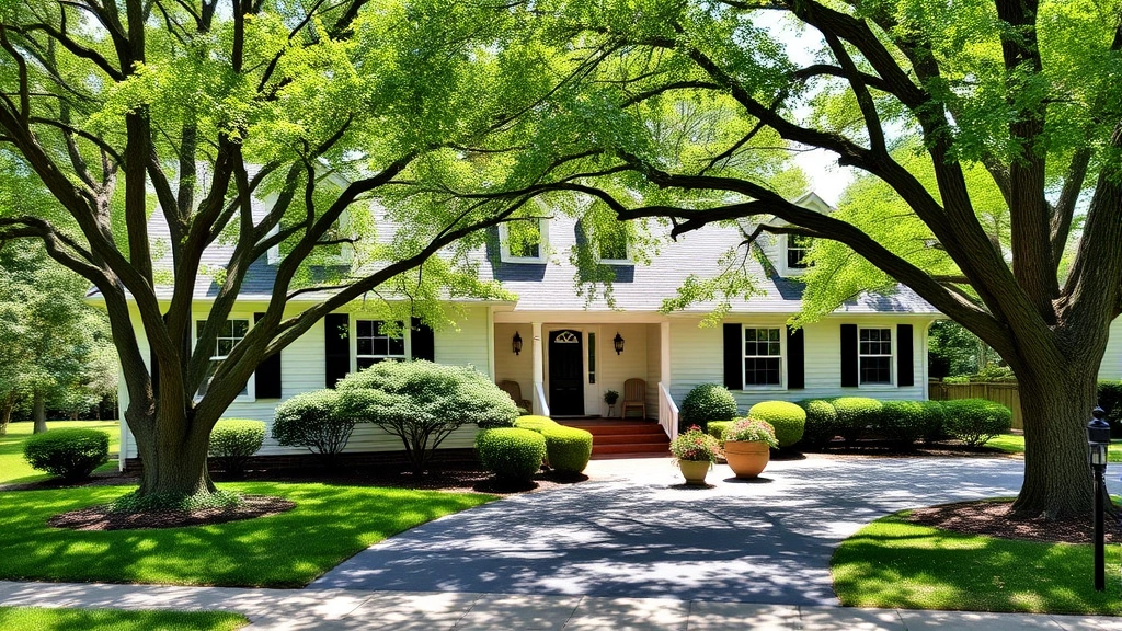 Charming ranch-style home with white exterior trim, black shutters, mature shade trees, and paved driveway in established residential neighborhood