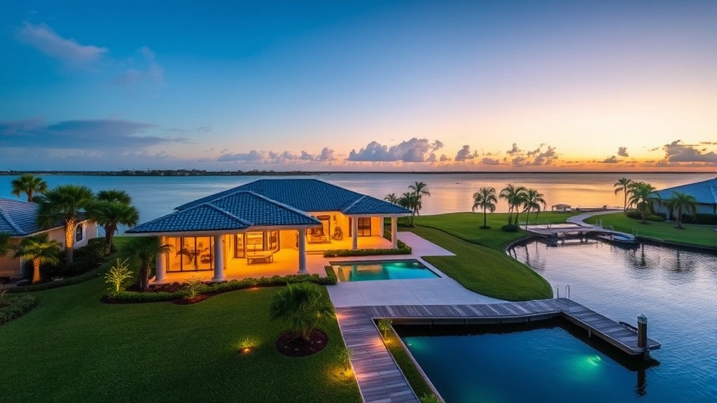 Luxury modern waterfront home in Venice Florida with Gulf views, sunset lighting, manicured landscaping, boat dock, professional real estate photography style