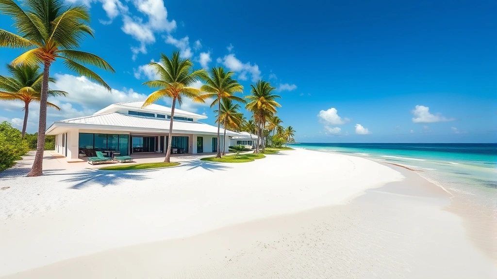 Beachfront luxury home in Venice Florida with pristine white sand beach, turquoise Gulf waters, palm trees and upscale contemporary design