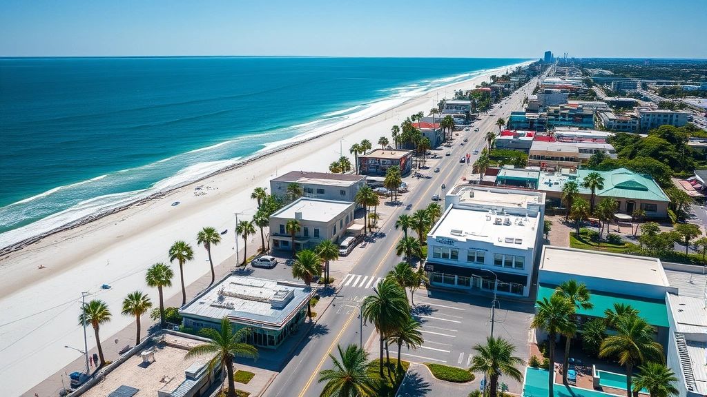 Aerial view of Venice Florida downtown district with beach access, palm-lined streets, shops and restaurants, coastal architecture, bright sunny day