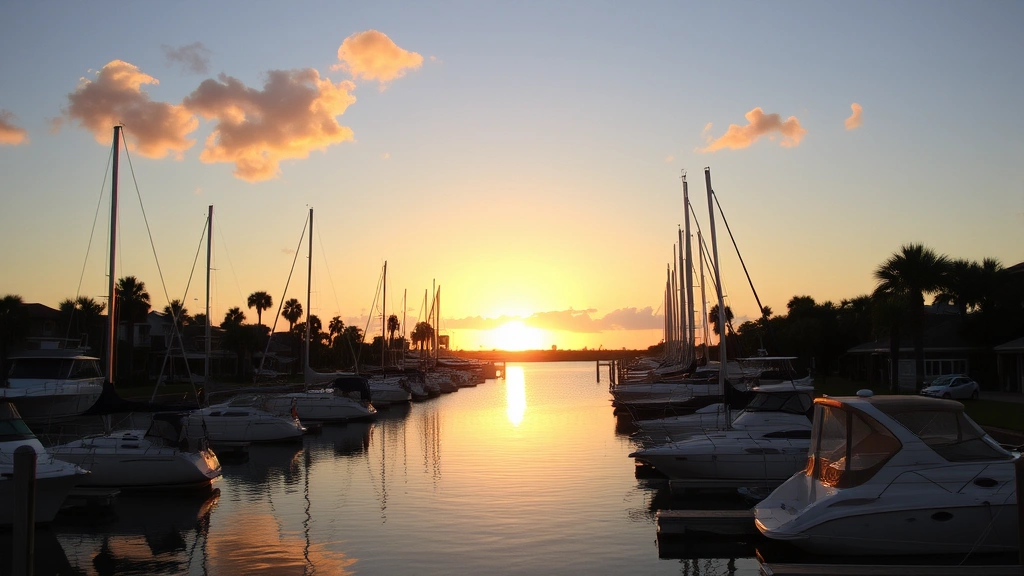 Sunset over Venice Florida waterway with sailboats and motorboats moored, palm trees silhouetted against golden sky, peaceful coastal scene