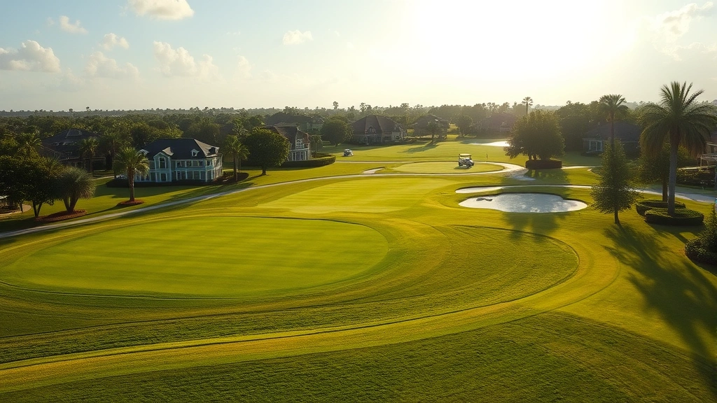 Upscale golf course community in Venice Florida with manicured greens, luxury homes visible, golf carts, tropical landscaping, morning light
