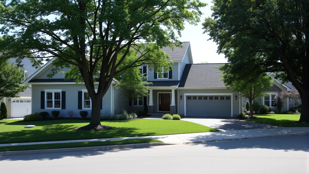 Modern suburban home exterior with manicured lawn, two-car garage, and shade trees on residential street in upstate New York neighborhood