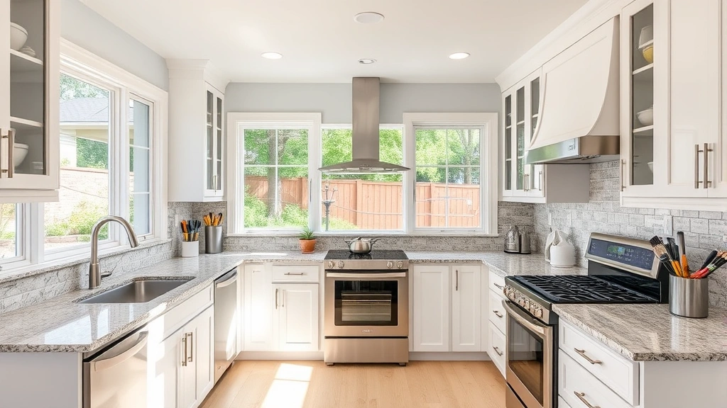 Spacious kitchen interior with white cabinetry, granite countertops, stainless steel appliances, and natural light from windows overlooking backyard