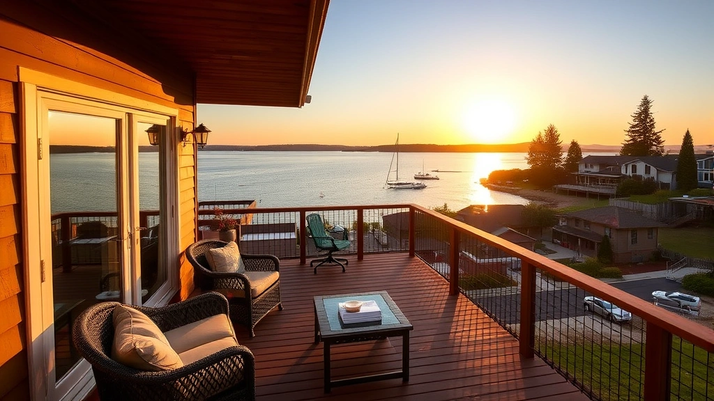 Waterfront property with deck overlooking peaceful lake or bay, comfortable outdoor seating, and residential shoreline landscape at golden hour