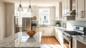 Modern bright kitchen with granite countertops and stainless steel appliances in a contemporary Pennsylvania home, natural daylight streaming through windows
