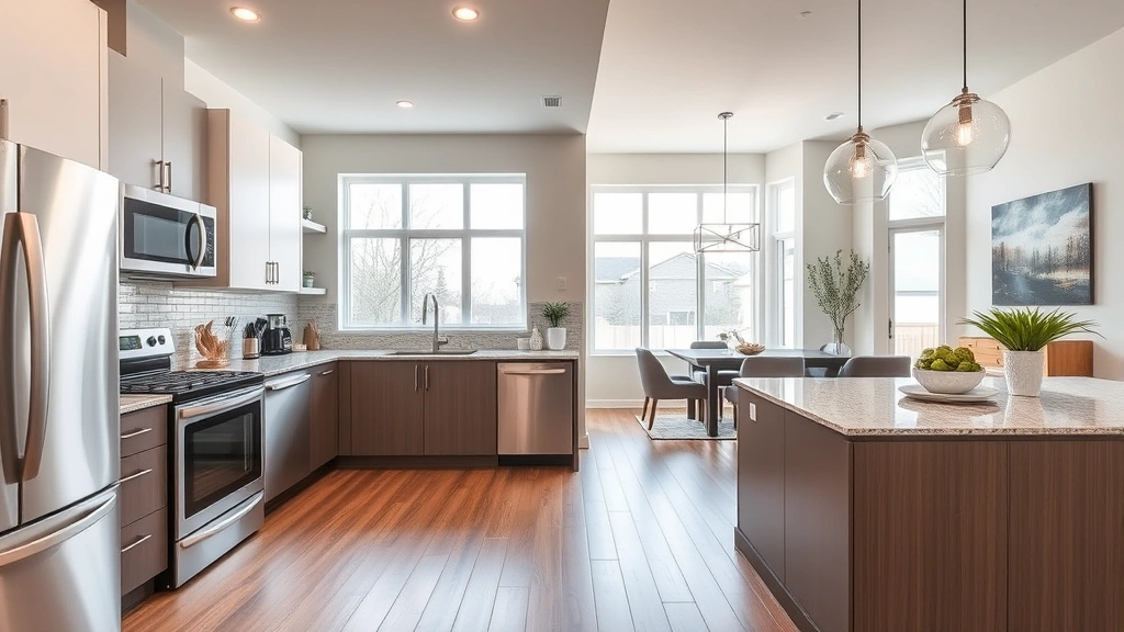 Modern open-concept kitchen with stainless steel appliances, granite countertops, and hardwood floors, bright natural lighting from windows, contemporary home interior