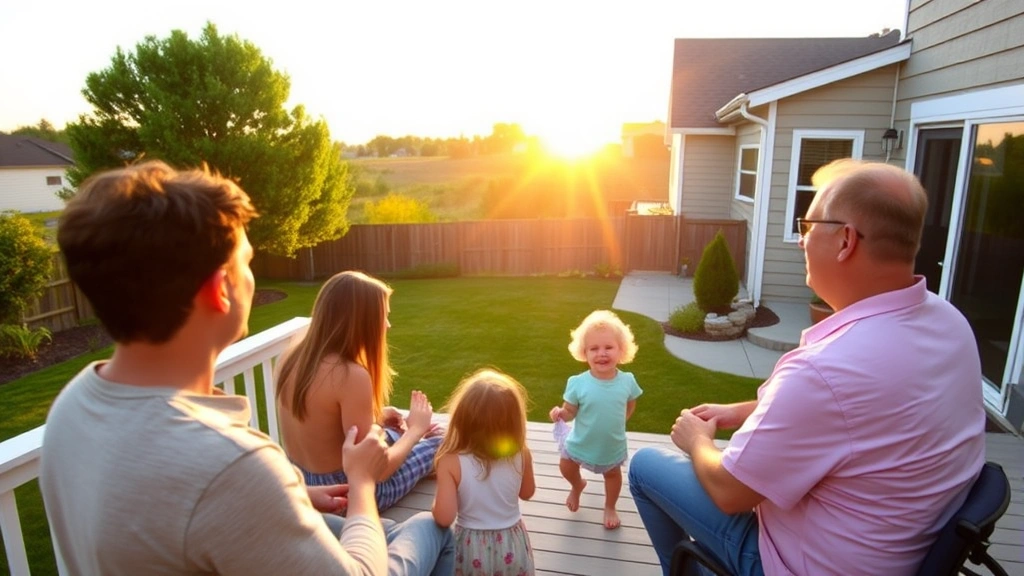 Family enjoying backyard space with deck, green grass, and distant treeline, golden hour sunlight, suburban home exterior showing landscaping