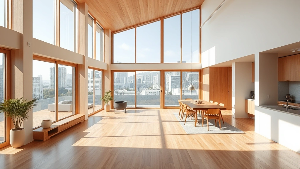 Interior of a Japanese home showing minimalist design, natural wood flooring, large windows with city views, bright daylight, modern kitchen and living space