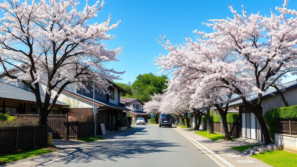 Peaceful Japanese neighborhood street with traditional houses, cherry blossom trees, residential area with walking paths, suburban tranquility, clear blue sky