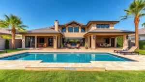 Luxurious backyard pool house with modern architecture, stone patio, sparkling blue swimming pool, lounge chairs, and palm trees, daytime photography