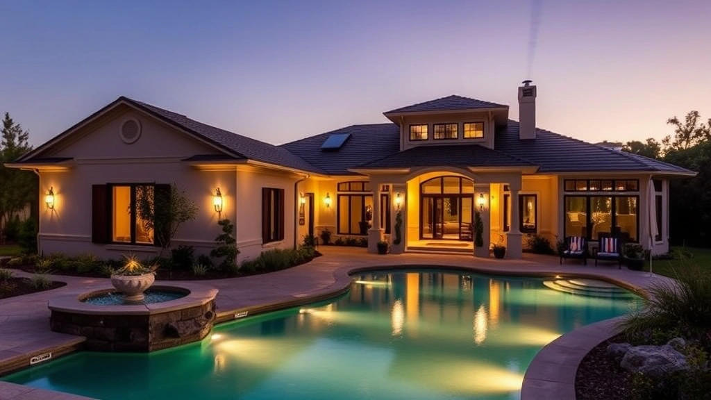 Elegant pool house exterior at dusk with ambient lighting, professional landscaping, resort-style design, and pool area integration
