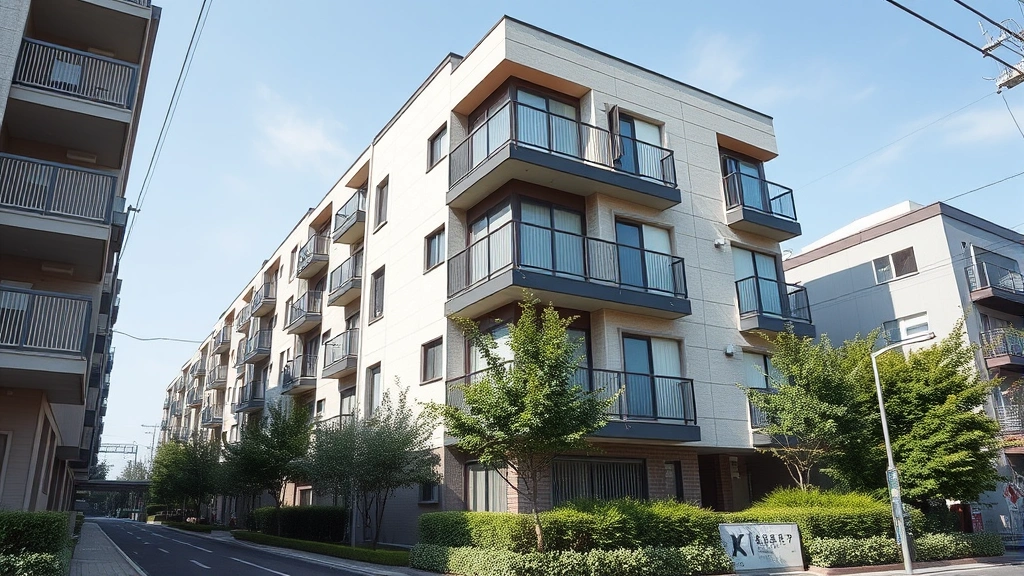 Modern Japanese residential apartment building exterior with contemporary architecture, balconies, and manicured landscaping in urban Tokyo setting, daytime photography, clear sky