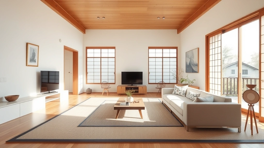 Spacious bright living room interior of Japanese home with minimalist design, tatami mat flooring, natural light from large windows, traditional and modern elements combined