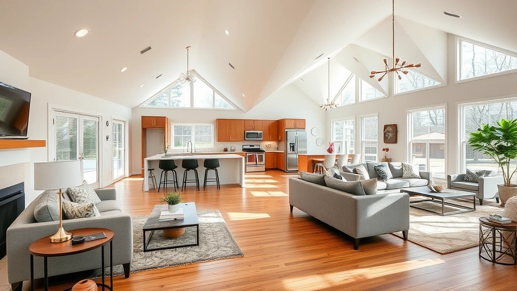 Interior open floor plan ranch home showing living area flowing into kitchen, large windows with natural light, modern furnishings, wood and tile flooring, contemporary updates while maintaining ranch character