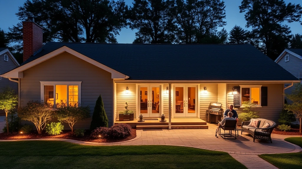 Exterior renovation of classic ranch home with updated siding, new roof line, professional landscaping, extended patio area, modern outdoor lighting, family gathered enjoying outdoor space